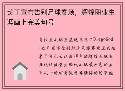 戈丁宣布告别足球赛场，辉煌职业生涯画上完美句号